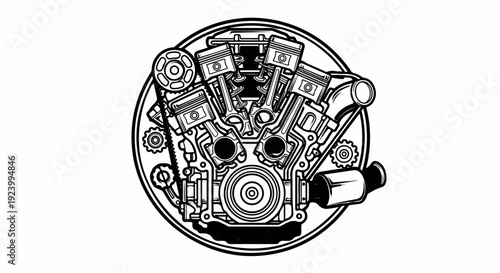 Stylized illustration of a V-engine with internal components and surrounding circular frame