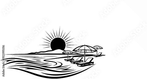 Stylized beach scene with sun, waves, umbrellas, and lounge chairs