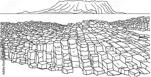 Stylized illustration of hexagonal basalt columns and a distant mountain