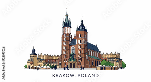 Stylized illustration of St. Mary's Basilica and market square in Krakow