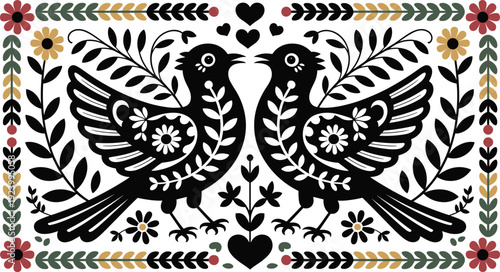 Scandinavian folk art birds illustration with floral pattern, symmetrical black and white romantic vintage decorative vector design