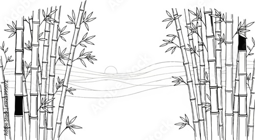 Stylized bamboo stalks frame a minimalist depiction of rolling waves and a setting sun