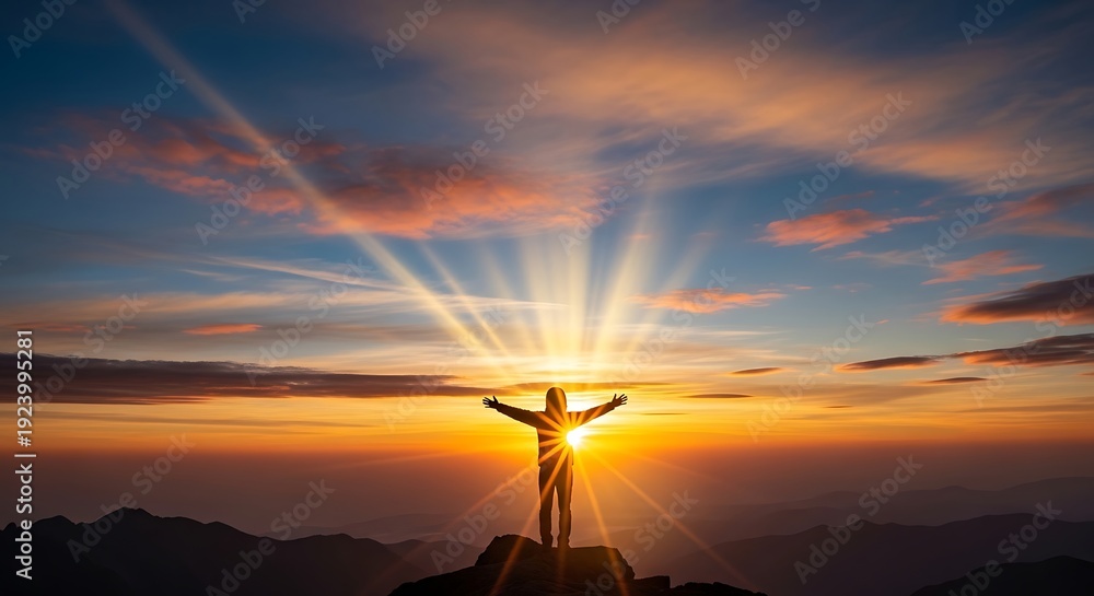 Obraz premium Silhouetted Woman Standing on Mountain Peak at Sunset