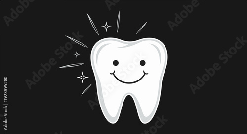 Smiling cartoon tooth with bright sparkle effects on a black background