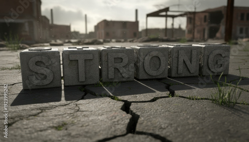 Wallpaper Mural Solid Gray Blocks Spelling Strong on Cracked Concrete Ground Torontodigital.ca