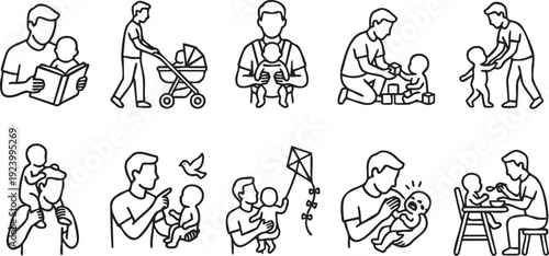 This comprehensive collection of line art icons beautifully illustrates various heartwarming moments and essential activities of a loving father interacting with his young child.