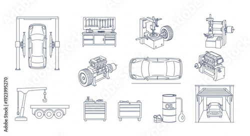 Collection of automotive tools and equipment for car maintenance and repair.