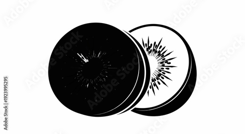 Stylized black and white graphic of two kiwi fruit halves