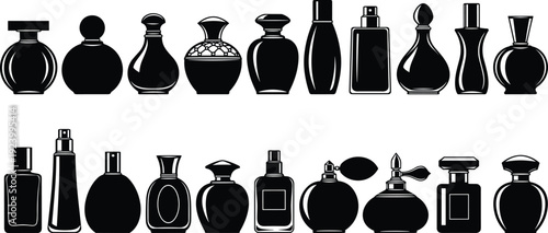 Collection of elegant perfume bottle silhouettes isolated set cosmetic fragrance containers vintage and modern shapes vector illustration for beauty branding
