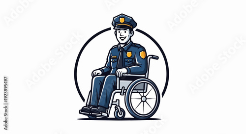 Smiling police officer in uniform seated in a wheelchair