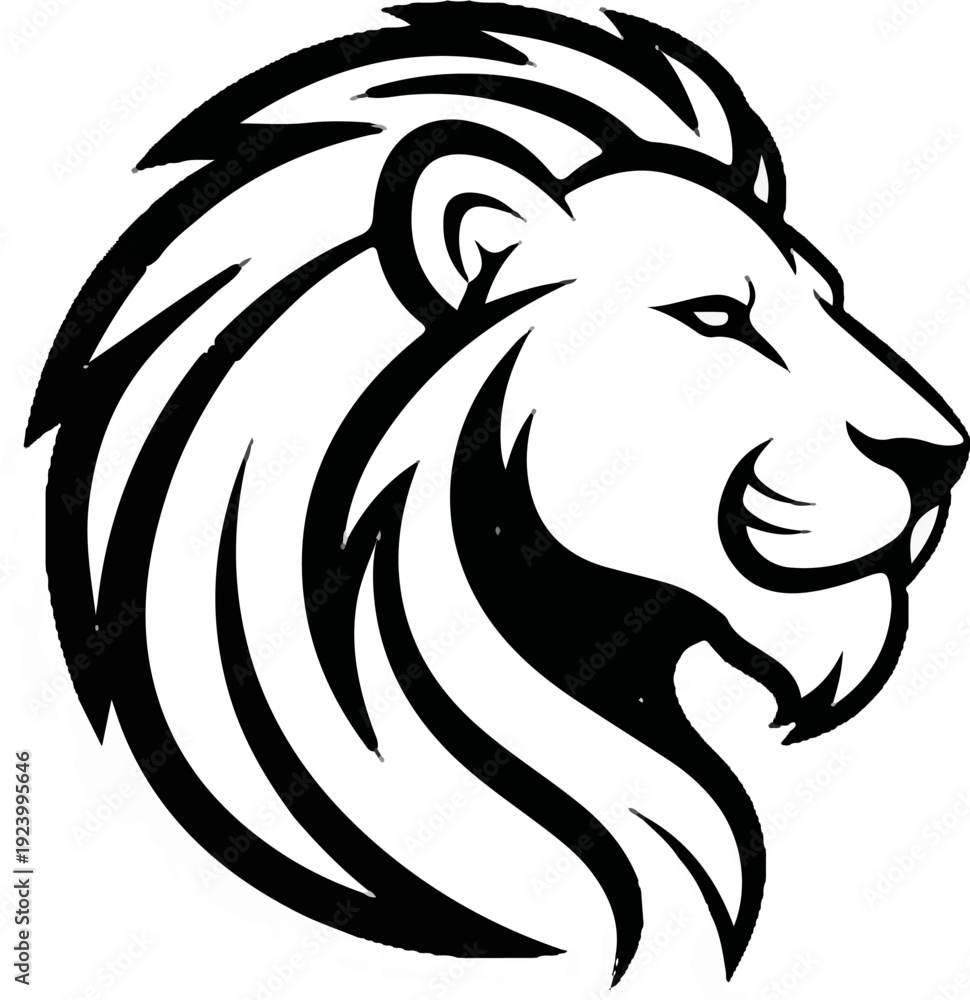 Fototapeta premium Stylized black and white profile illustration of a roaring lion's head