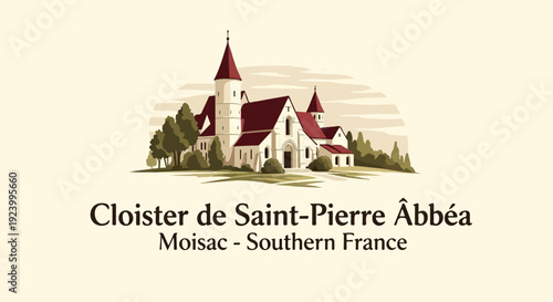 Stylized abbey with red roofs and spires surrounded by trees