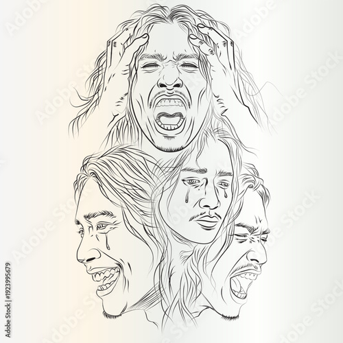 Mental Health Turmoil: Vector Art of Man Expressing Stress, Sadness, Anger & Laughter