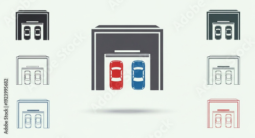 Garage with two cars inside, red and blue, simple illustration, parking concept.