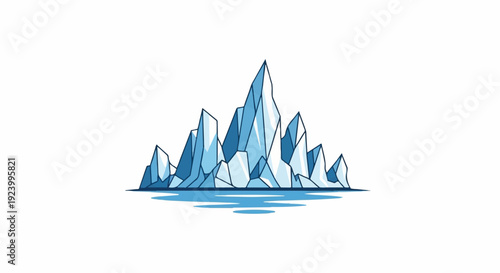 Stylized blue icebergs with sharp peaks rise from calm water