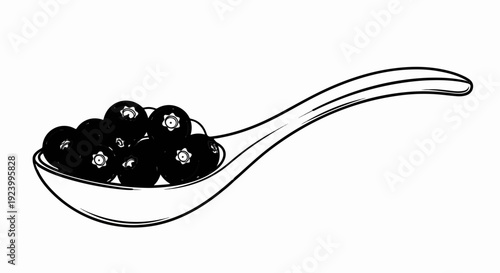 Spoonful of dark berries with white centers, outlined in black