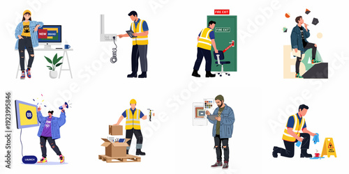 Multifaceted illustrations showcasing business processes including brand launching, electrical inspection, fire safety, creative design, logistics, and cleaning.