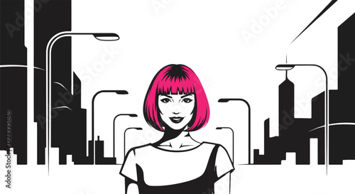 Stylish woman with bright pink hair in a cityscape with streetlights