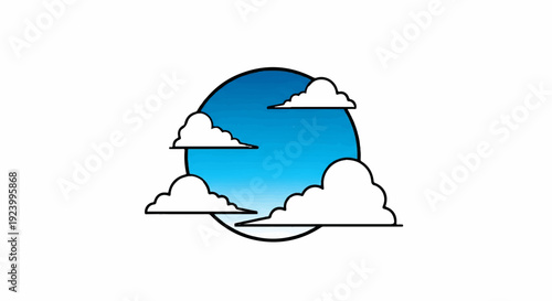 Stylized blue circle with white cartoon clouds and gradient