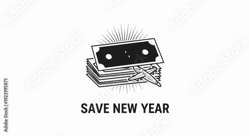 Stack of cash with an airplane and radiating lines above "SAVE NEW YEAR