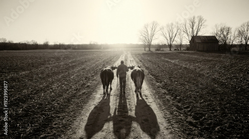 Wallpaper Mural Lonely Farmer Walking with Cows on Dirt Road at Sunset Torontodigital.ca
