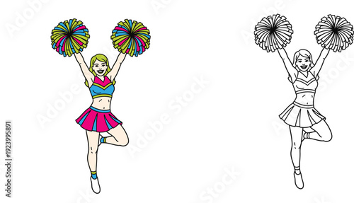 Energetic Cheerleader with Pom-Poms - Sports Performance Illustration