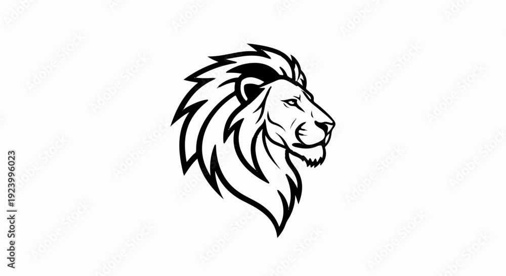 Fototapeta premium Stylized black and white profile of a fierce lion's head with mane