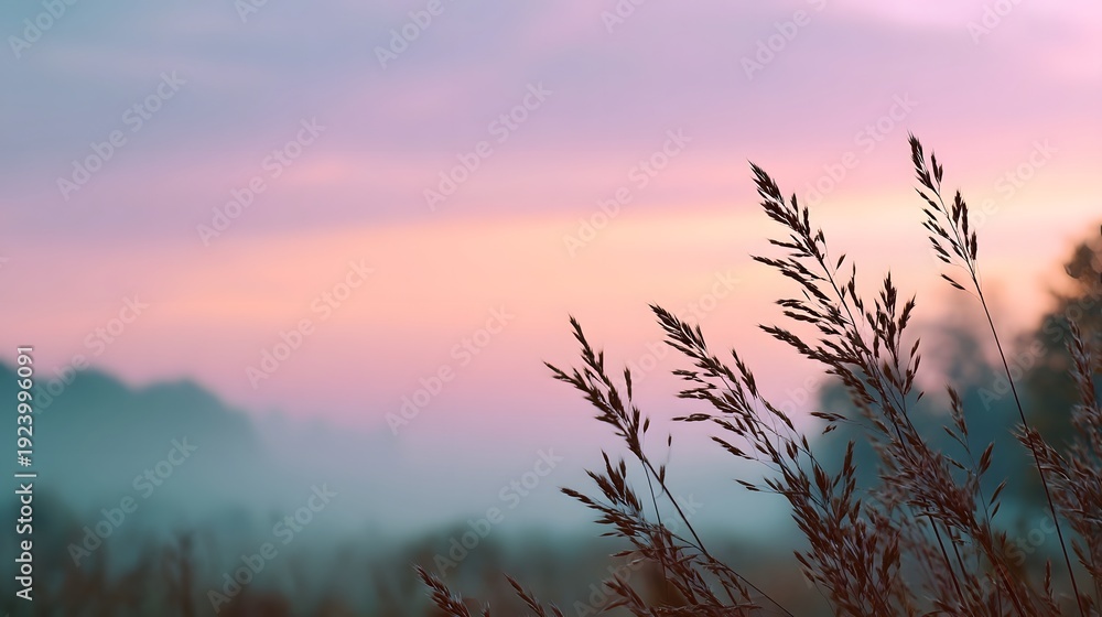 Obraz premium A serene misty landscape at dawn with soft pastel sky and silhouetted grass in the foreground