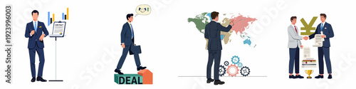 Business concepts illustration set: contract signing, deal making, global strategy, and financial success.