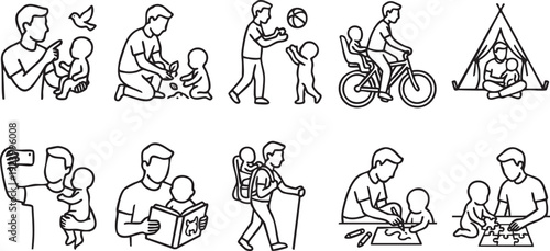 Collection of black and white line art illustrations depicting diverse daily activities shared between a father and his young child enjoying time together outdoors and indoors.