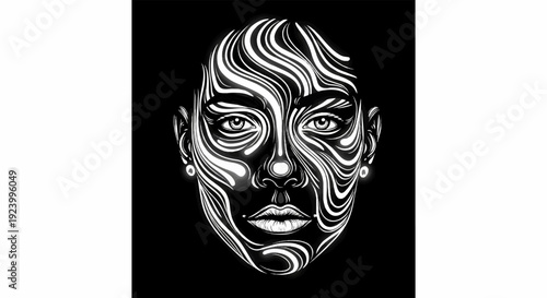 Striking grayscale portrait with abstract wavy lines shaping a person's face