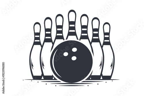 Isolated monochrome depicts bowling ball positioned to knock over three pins on white