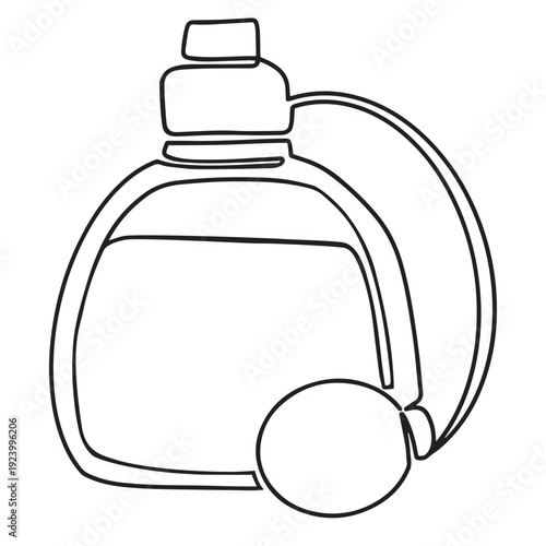 Vintage perfume bottle with atomizer spray in continuous one line style. Vector beauty and fragrance element for banners, invitations and promotional branding.