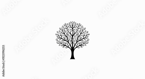 Stylized black tree with a full canopy of leaves on a white background