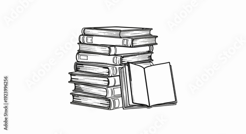 Stacked and open books in a simple black and white line drawing