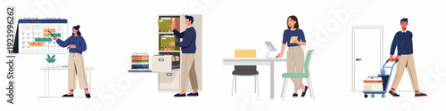Collection of diverse professionals performing various administrative tasks: planning, document management, digital work, and office organization in a modern workplace.