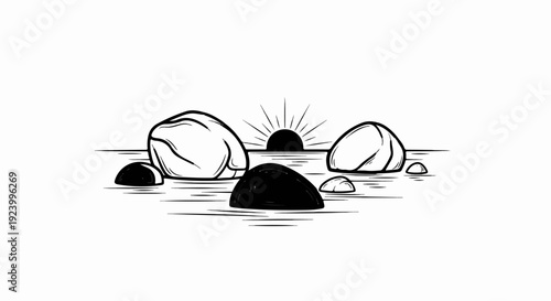 Stylized drawing of stones and a setting sun over water
