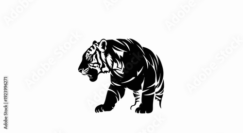 Stylized black tiger in profile, walking forward with mouth open