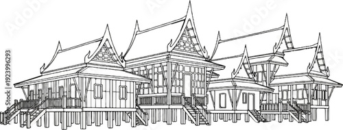 Stylized drawing of traditional stilt houses with ornate, tiered roofs