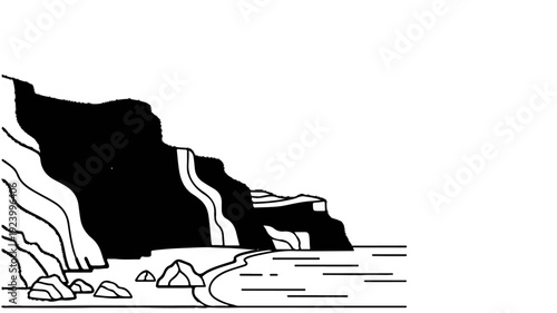 Stylized drawing of a rocky coastline meets calm water