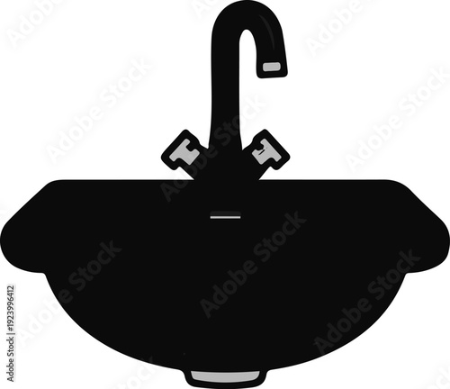 Stylized, black sink with chrome-colored faucet and handles