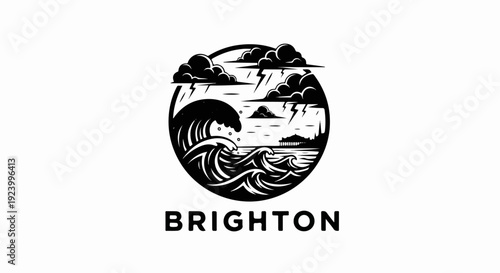 Stormy ocean with waves and lightning over a distant city skyline