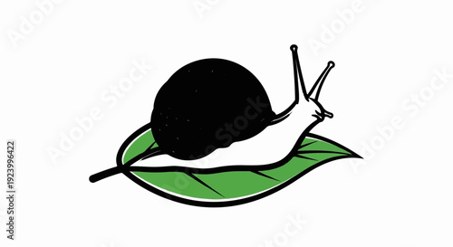Stylized black snail with antennae crawls on a green leaf