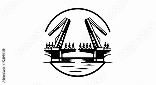 Stylized black and white illustration of a bascule bridge with people crossing