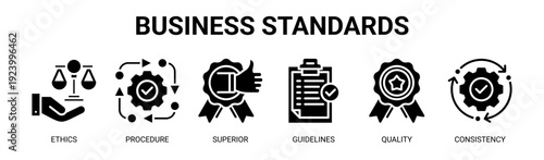 Business Standards web banner icon vector illustration concept with icons of ethics, procedure, superior, guidelines, quality, and consistency.