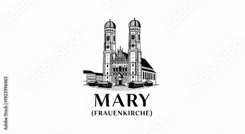 Stylized drawing of a grand cathedral with twin towers and surrounding market stalls