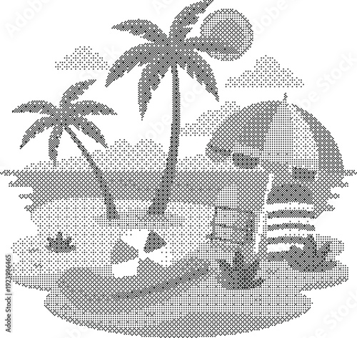 Beach halftone dither tropical island illustration with palm trees and sun reflection