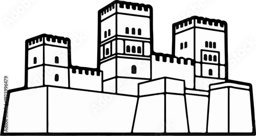 Stylized drawing of a fortress with multiple towers and battlements