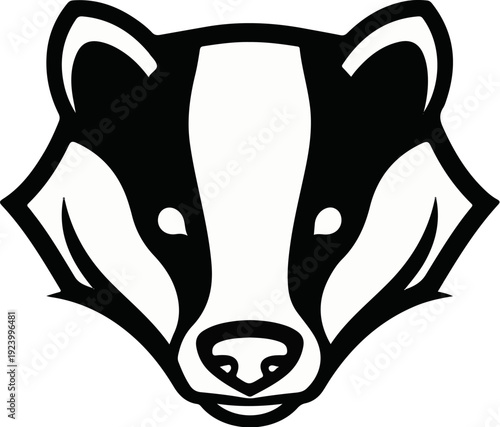 Stylized black and white illustration of a badger's face