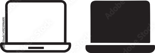 Laptop icon set with outline and silhouette designs